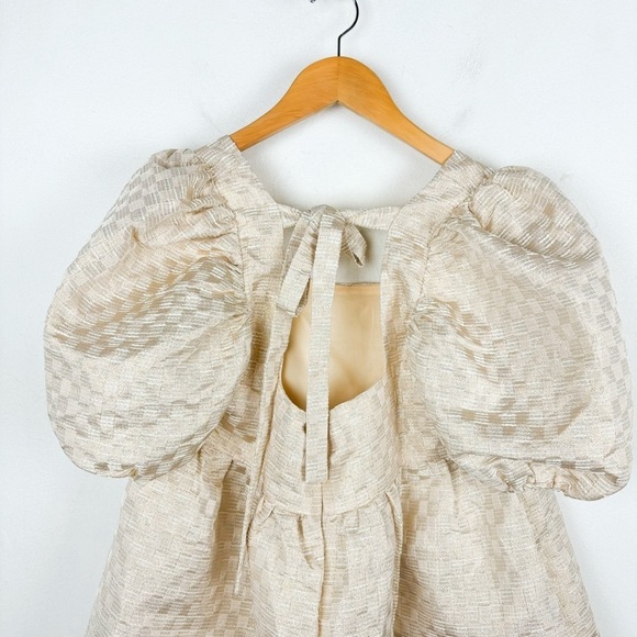 NWT Jacquie The Label Metallic Gold Puff Sleeve Babydoll Dress Sz L - Picture 6 of 12